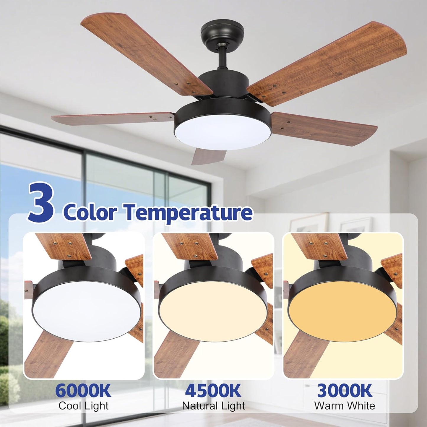 44 Inch Ceiling Fan with LED Light, 6-Speed Reversible Airflow - Max 3110 CFM