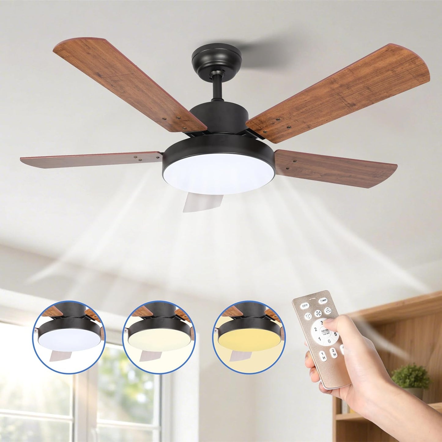 44 Inch Ceiling Fan with LED Light, 6-Speed Reversible Airflow - Max 3110 CFM