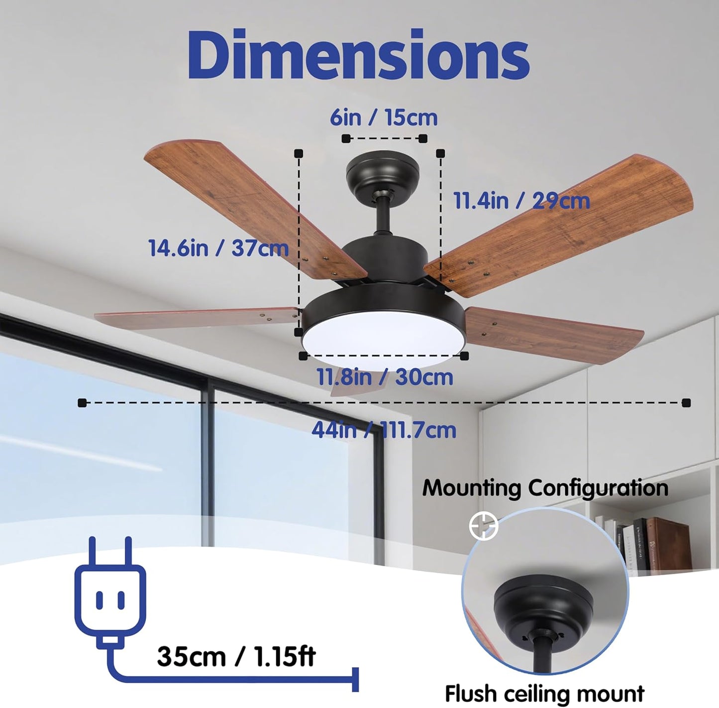 44 Inch Ceiling Fan with LED Light, 6-Speed Reversible Airflow - Max 3110 CFM