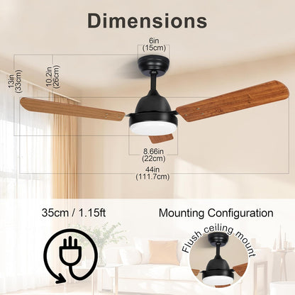 44 Inch Ceiling Fan with LED Light, Remote and App Control