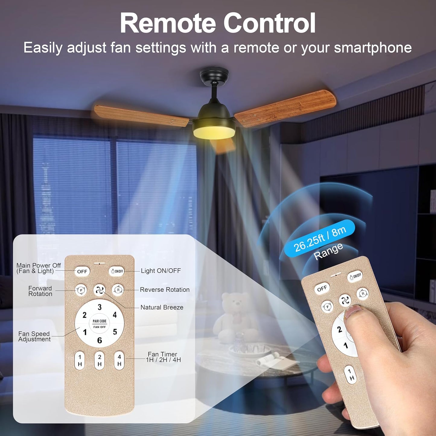 44 Inch Ceiling Fan with LED Light, Remote and App Control